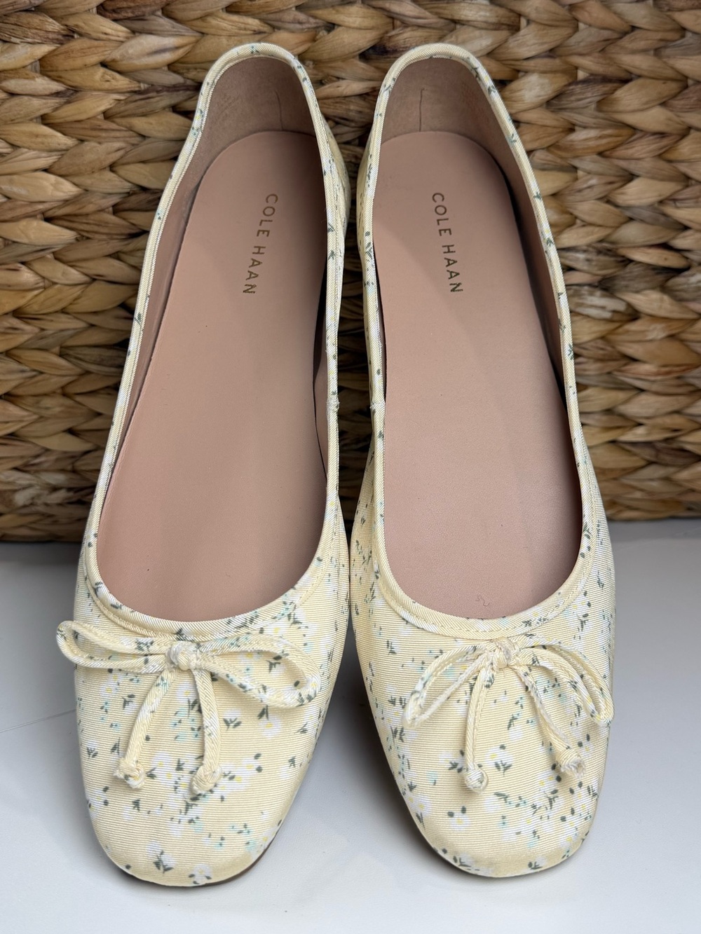 Cole Haan Pale Yellow Floral Fabric Bow Ballet Flats